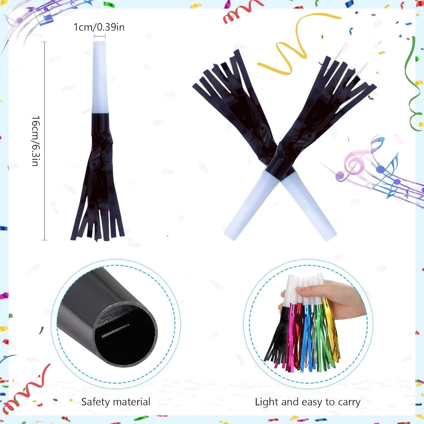 Party Blowers Metallic Fringed Noise Makers, 48 Pcs, Black, for Baby Shower, Kids Birthday, New Year Party