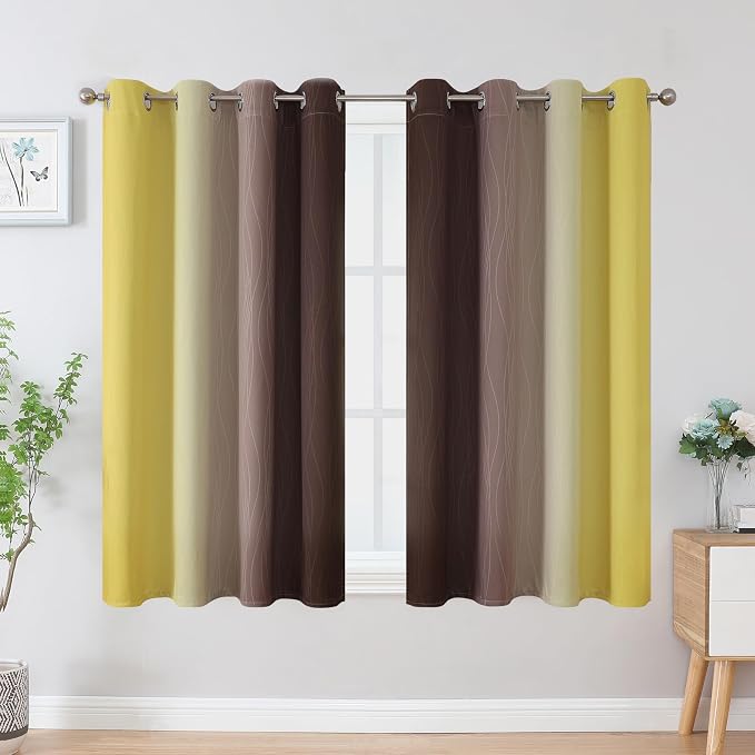 Yellow and Brown Blackout Curtains, Full Light Blocking Gradient Grommet Drapes - Image 2