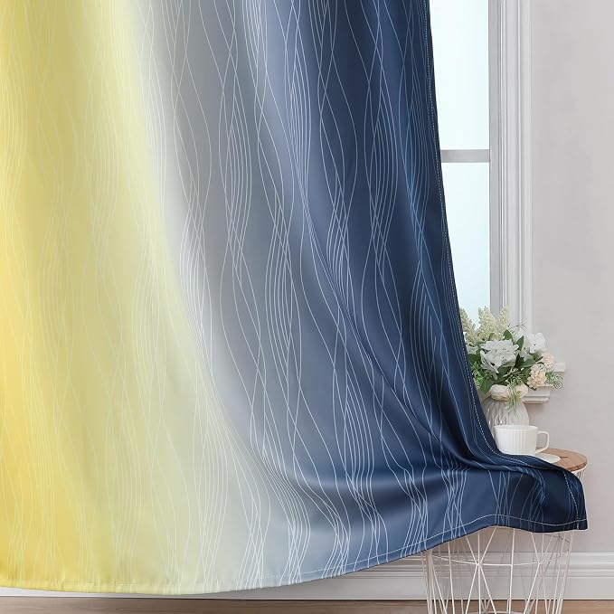 Navy Blue and Yellow Blackout Curtains 45 Inch Length, Full Light Blocking - Image 6