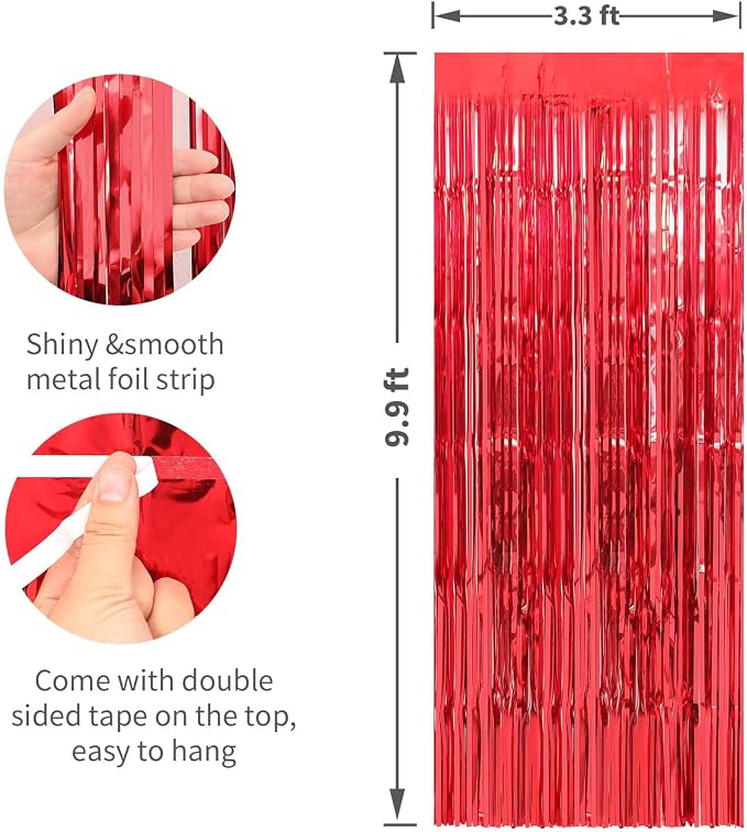 Crosize 2 Pack Red Party Streamers Backdrop, 3.3 x 9.9 ft | Tinsel Foil Fringe - Image 2