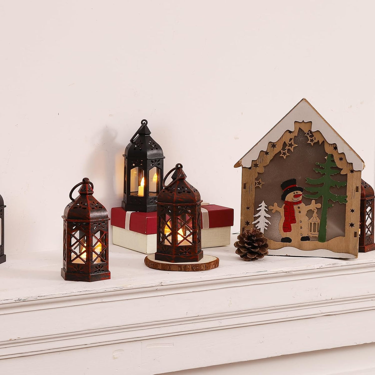 LLQ 12PCS Brushed Red Mini Lantern with LED Tealight for Halloween Decorations, Small Moroccan Lanterns for Wedding Decor, Vintage Christmas Lights for Table Centerpiece, Hanging Ornaments Bulk