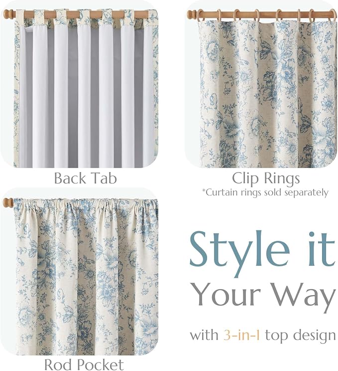 jinchan Blue Floral Linen Blackout Curtains Lined 96 Inch Back Tab 2 Panels | - Image 5