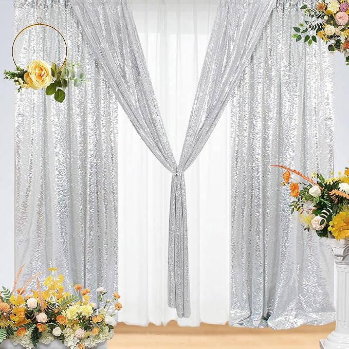Eternal Beauty Silver Sequin Backdrop Curtains, 2 Panels 2x8FT | 3mm Sparkle - Image 4