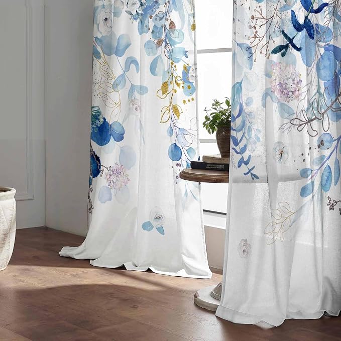 Blue Eucalyptus Curtains 63 Inch Length 2 Panels, Leaves Plant Drapes - Image 3