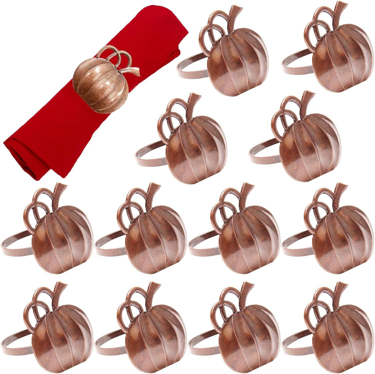 Halatool Pumpkin Napkin Rings Set of 12, Alloy Fall Napkin Rings Thanksgiving Halloween Dinner Tables Holders for Thanksgiving Weddings Holidays Gathering Dinner Party (Bronze)