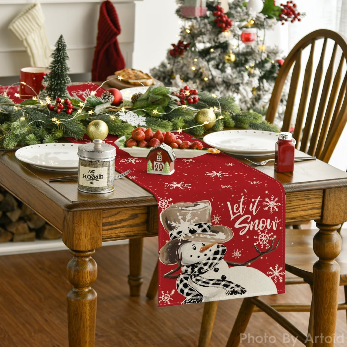Artoid Mode Red Snowman Snowflake Let it Snow Winter Table Runner, Seasonal Christmas Kitchen Dining Table Decoration for Home Party Decor 13x90 Inch