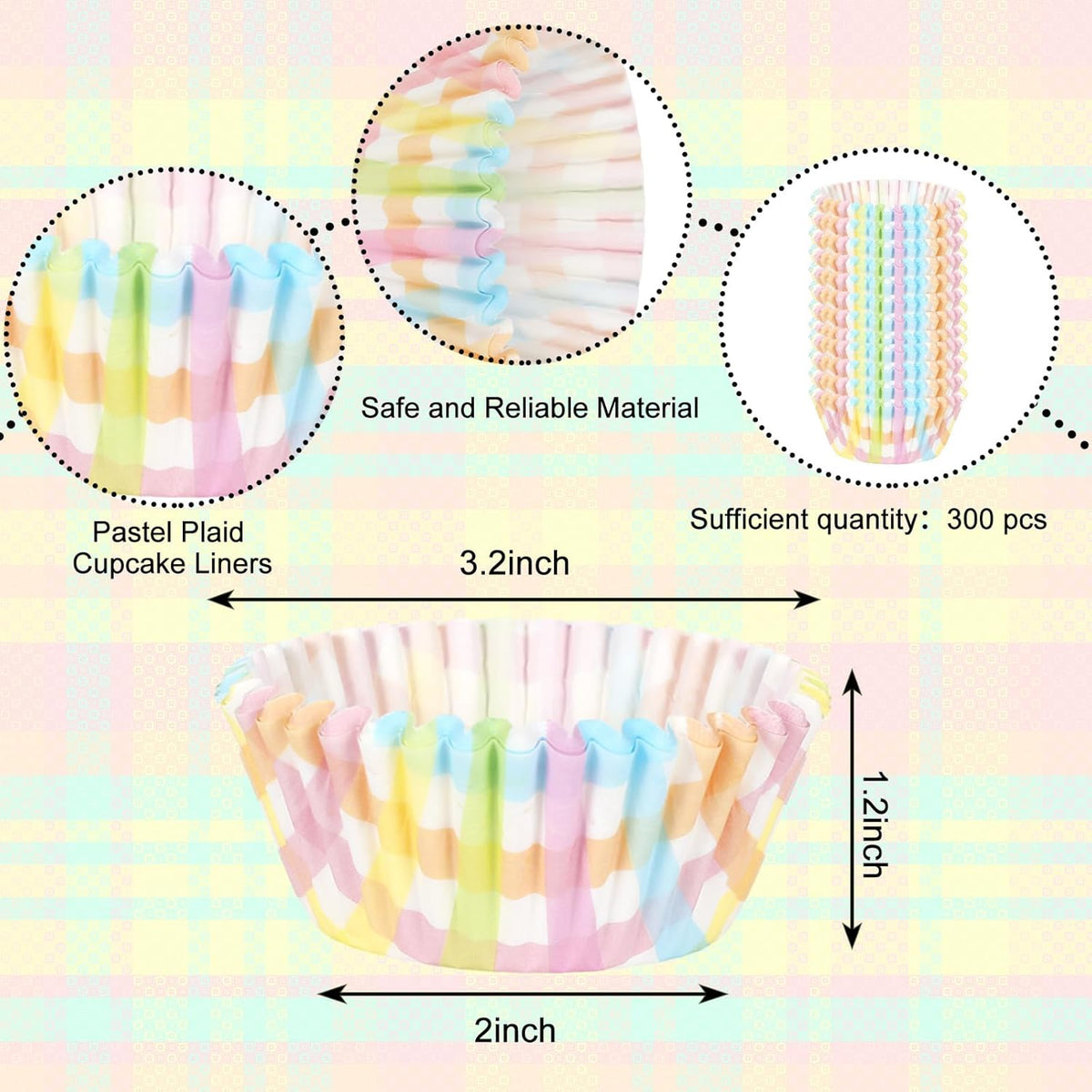 Whaline 300Pcs Pastel Plaid Paper Baking Cups Colorful Checkered Cupcake Liners Muffin Liner Cake Paper Cups Storage Container for Spring Party DIY Craft, 2x1.2 Inch