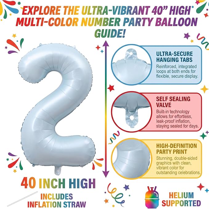 Light Blue Number 2 Balloon for Birthday Anniversary Decor 40 Inch Foil | 40" - Image 2