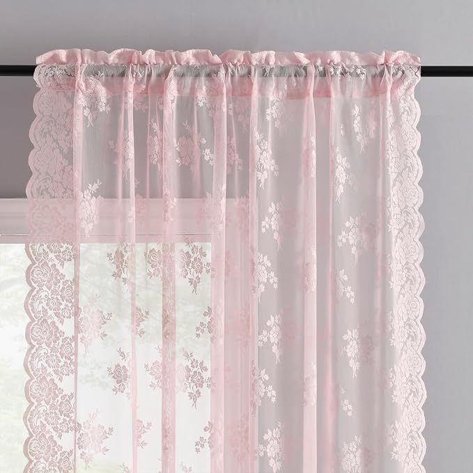 Kotile Pink Floral Lace Curtains - Image 4