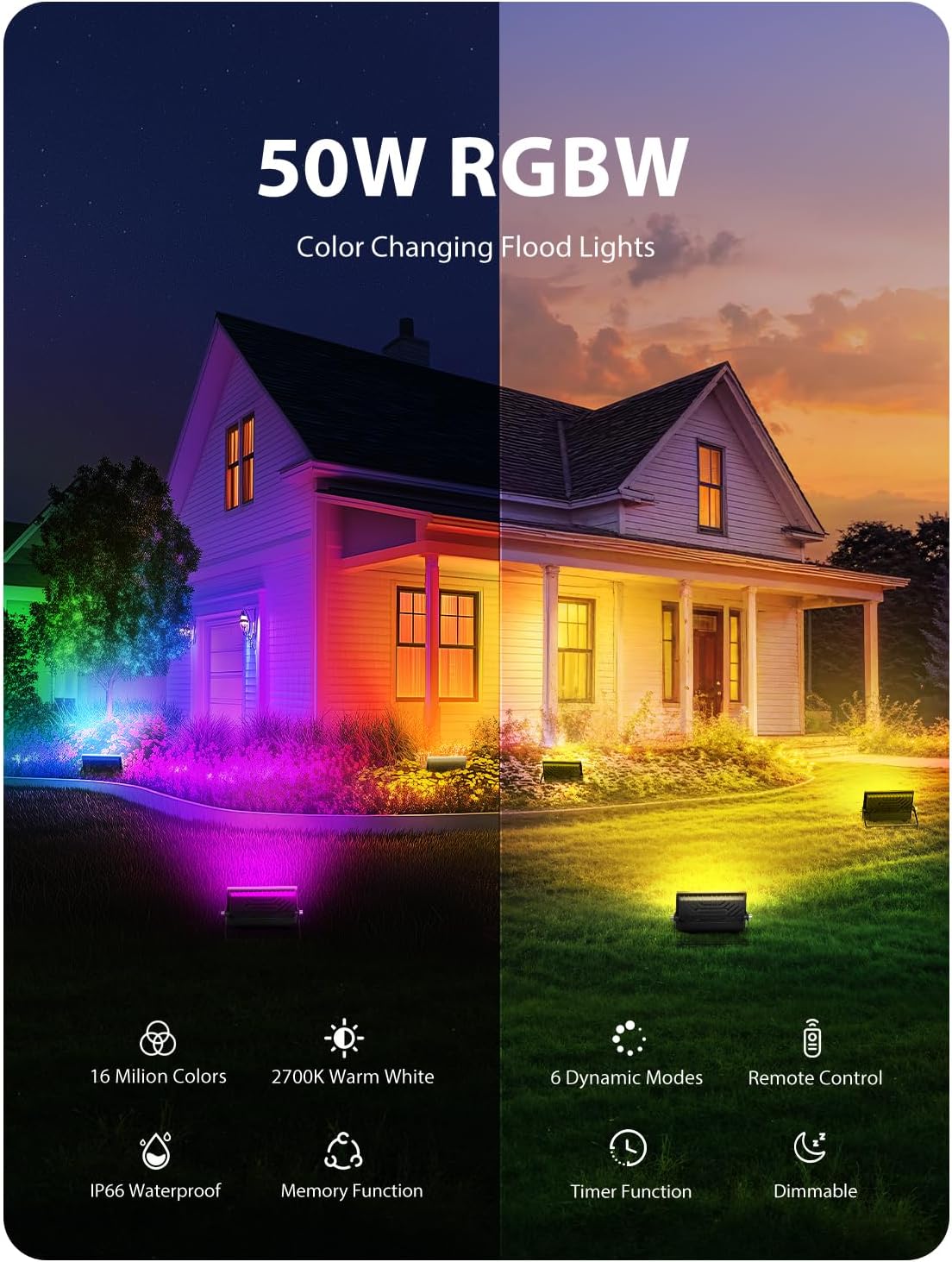 Onforu LED Flood Light Outdoor 500W Equiv, Color Changing RGBW 2700K Floodlight with Remote, Stage Lighting Uplights for Events, IP66 Uplighting Outdoor Spotlight Floor Light for Halloween 4 Pack