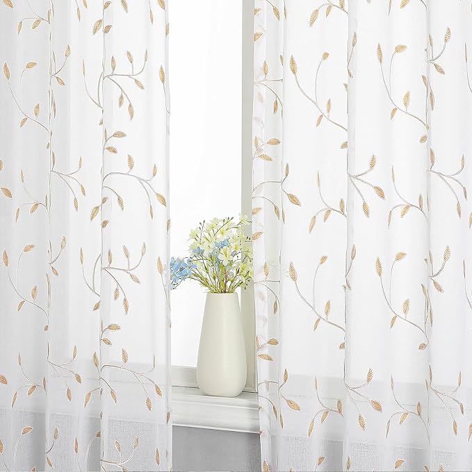 White Sheer Curtains Orange Leaf Embroidery Linen 96 Inches Long | Light - Image 5