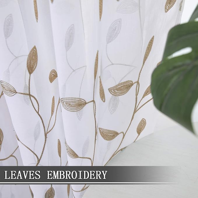 Tollpiz Leaves Short Sheer Curtain Taupe Leaf Embroidery Living Room Curtains - Image 3