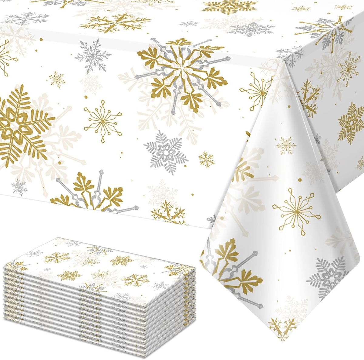 12Pcs Christmas Snowflake Party Tablecloths Decorations,Plastic White and Gold Table Cloth,Winter Rectangle Table Cover for Christmas New Year Birthday Baby Shower Holiday Party Decorations,54x108inch