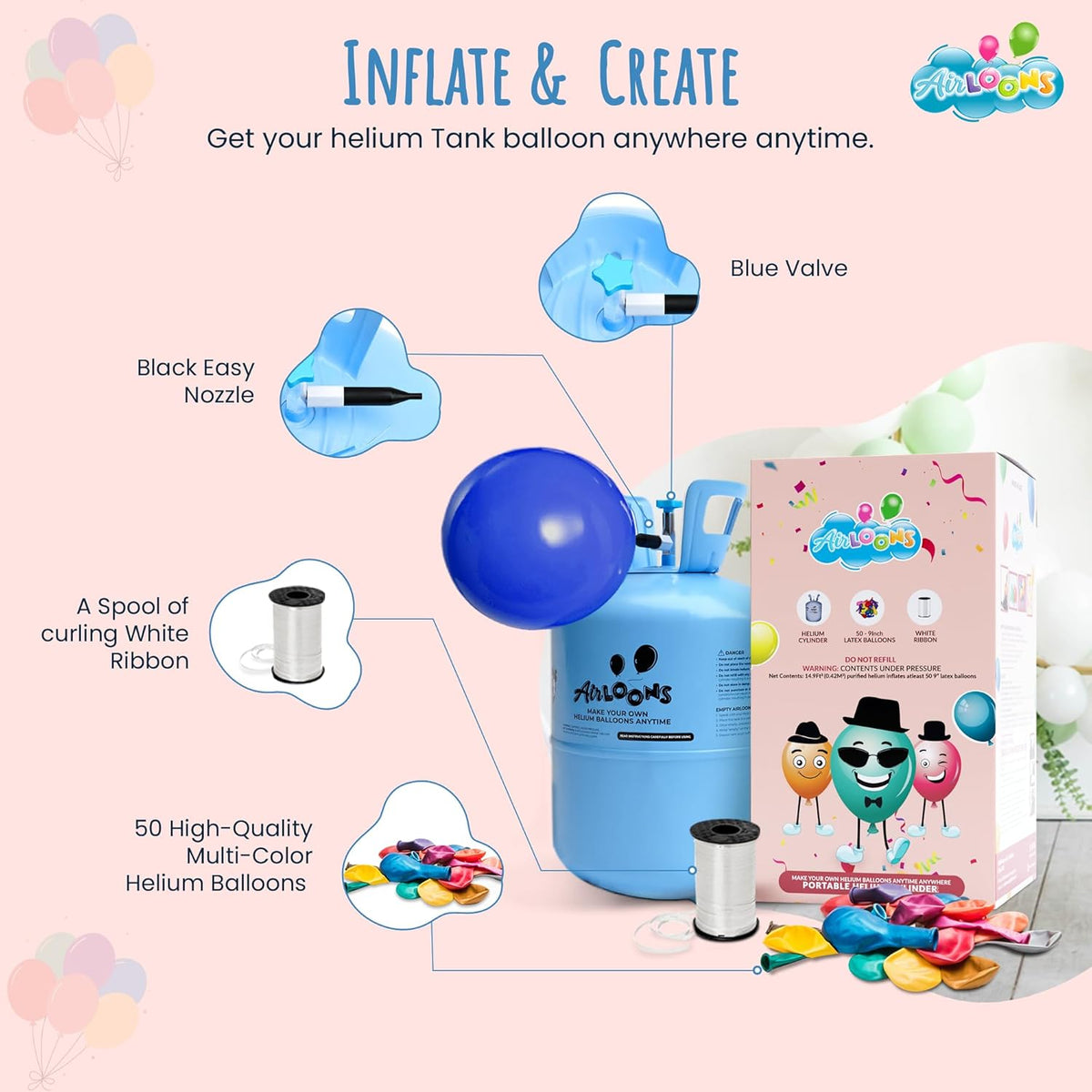 Airloons Helium Balloon Kit with 14.9 Cu Ft Tank – Includes 50 Multicolor 9 inch Latex Balloons, Ribbon & Easy to Fill Nozzle – Easy Setup for Birthdays, Weddings, Baby Showers