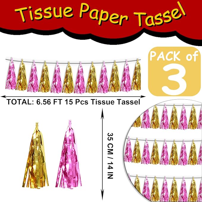 3P Gold Pink Tassel Banner Garland Metallic Foil Fringe Banner Tinsel Tassels - Image 2