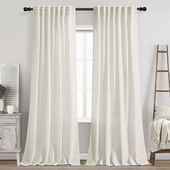 Cream Natural Linen Curtains 90 Inch Length 2 Panels Set by Nanspring
