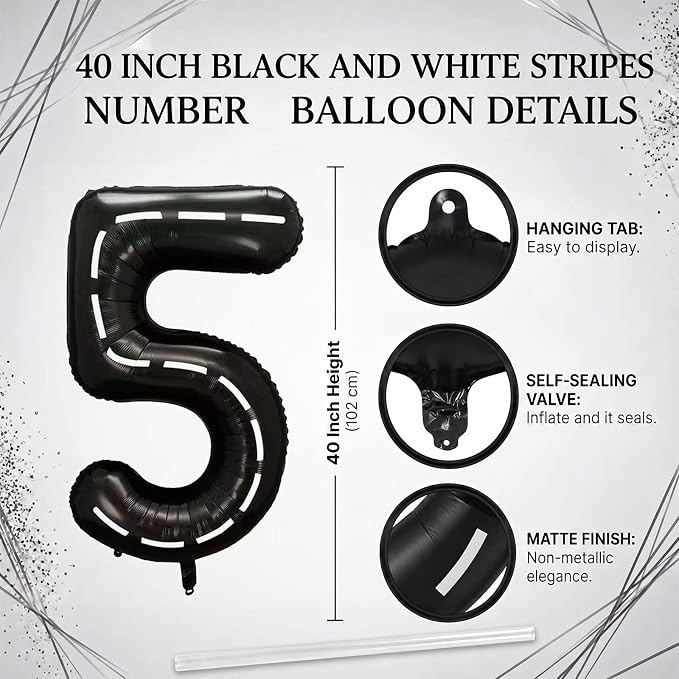 Black and White Stripes Number 15 Balloon 40 Inch, Foil Road Decor | Racetrack - Image 4