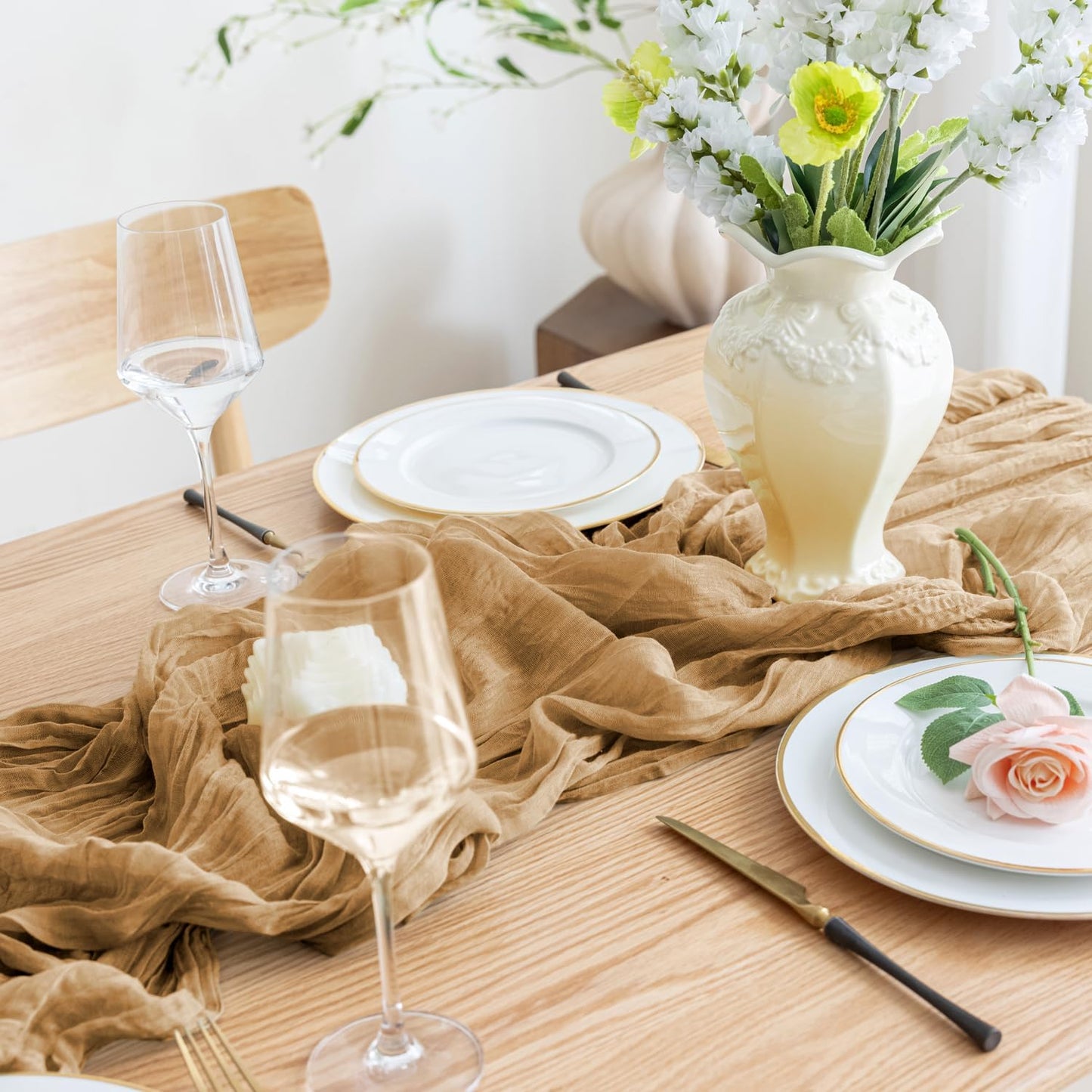 Asee'm 3pcs Cheesecloth Table Runner 120 Inches Long Khaki Boho Gauze Cheese Cloth Runner 10FT Rustic Sheer Table Runners for Christmas Wedding Party Baby Shower Spring Easter Decoration