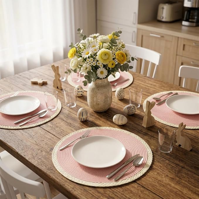 Round Placemats Set of 6, Woven Table Mats, Mint Pink | Braided Paper Edge - Image 5