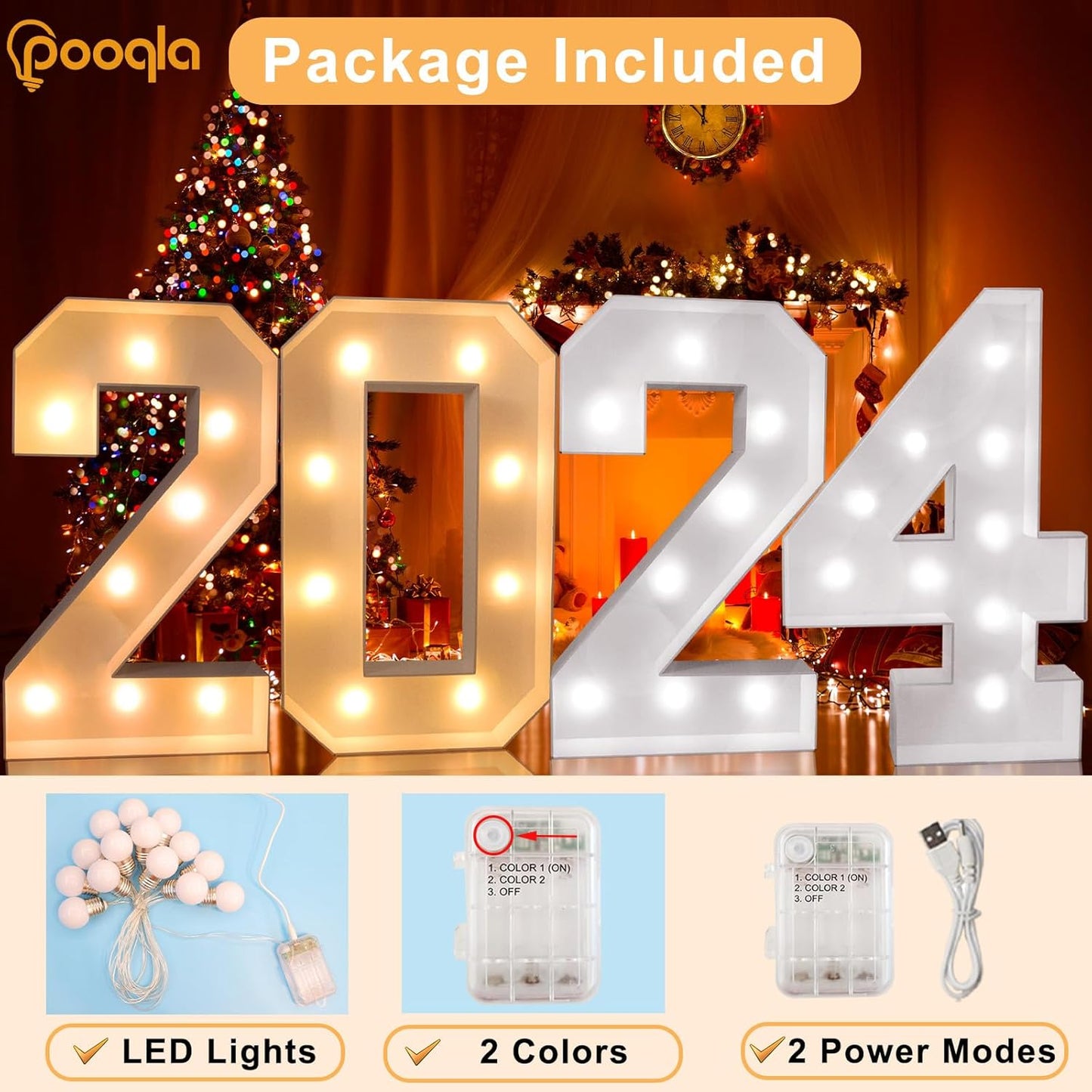 Pooqla 3FT Light Up Marquee Numbers, LED Large Lighted Marquee Numbers for Party Decoration, Giant Mosaic Number for Balloon 4th 14th 40th Birthday Decoration, Cool White and Warm White 4