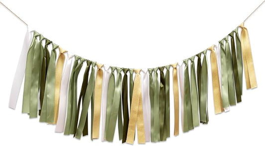 Sage Green and Gold Ribbon Tassel Garland Banner | Wild One Birthday Party by Unknown