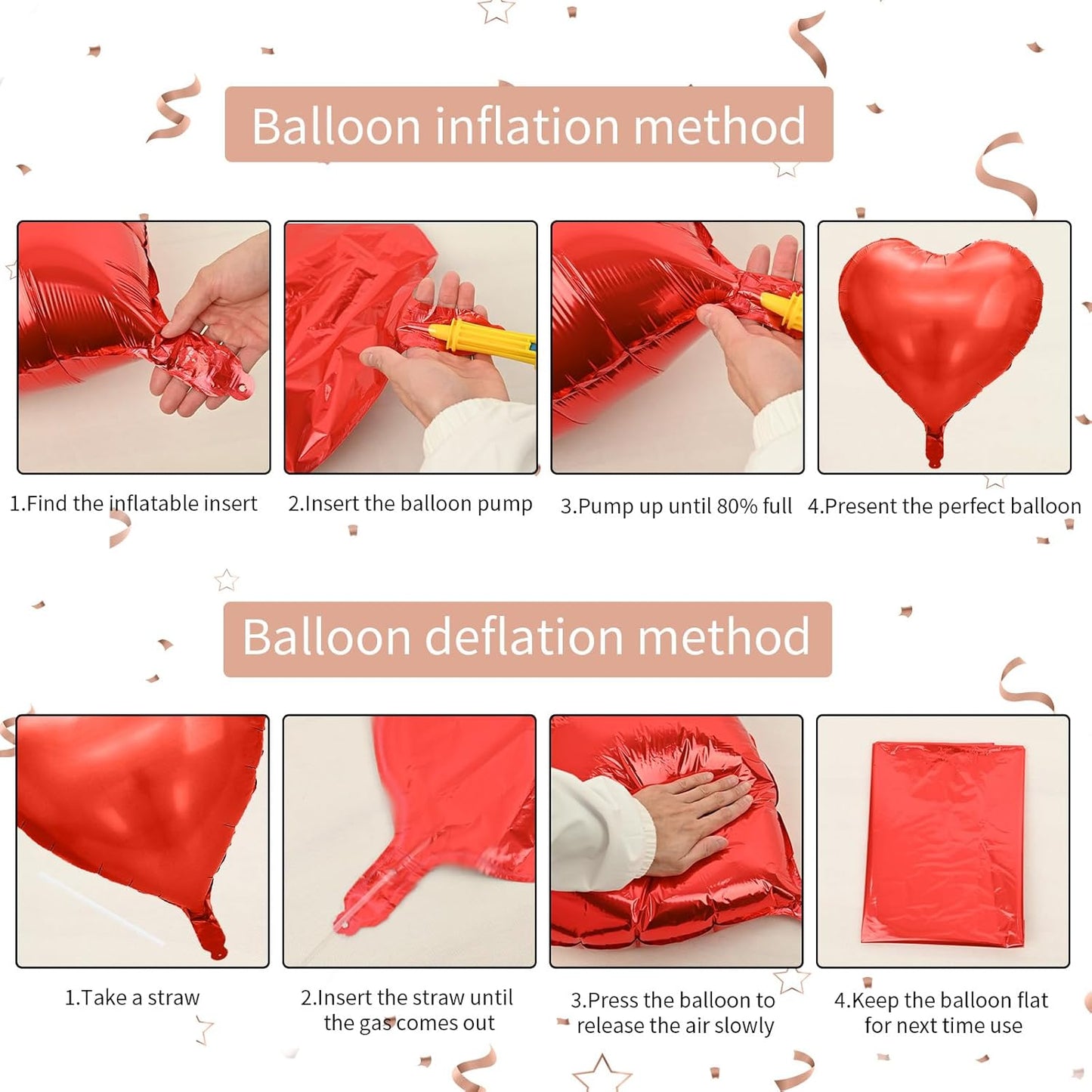 Rose Gold & Pink Heart Balloons - 10 Pcs 18 Inch Foil Heart Shaped Balloons for Girls Women - Red Light - Valentines Day, Birthday, Wedding, Baby Shower, Bridal Party Decorations