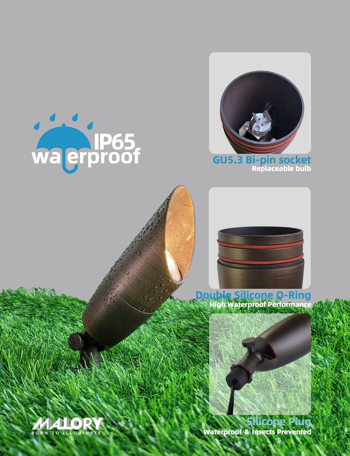 MALORY Solid Brass Landscape Spotlight 1-Pack with Bulb(S06), Low Voltage Front and Backyard Landscape Lighting with Large Rugged Slot Spike & Wire Connector,12V AC/DC Garden Patio Spot Up Light