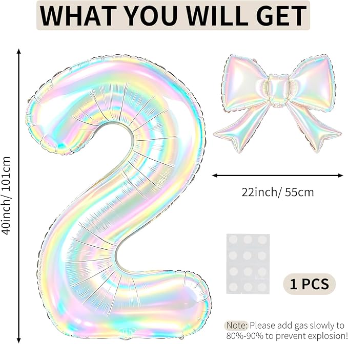 40 Inch Number 2 Balloon with Bow, Coquette Aesthetic Foil Balloon - Image 2