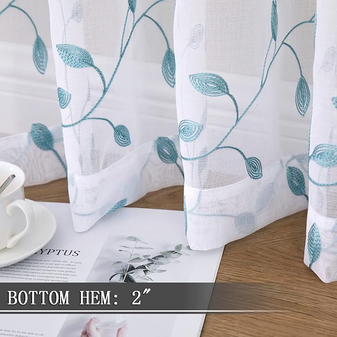 Tollpiz Leaves Sheer Tier Curtain Teal Blue Leaf Embroidery Kitchen Half - Image 4