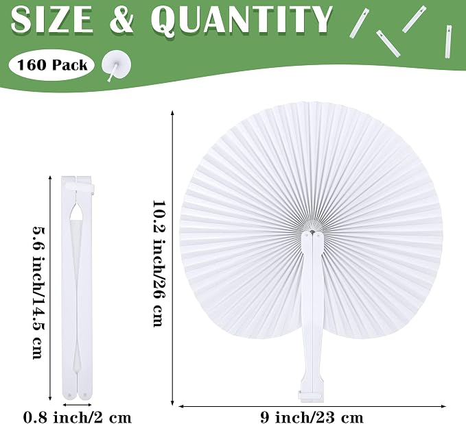 MCEAST 160 Pack Folding Wedding Paper Fans White Handheld Folding Fan Round - Image 2