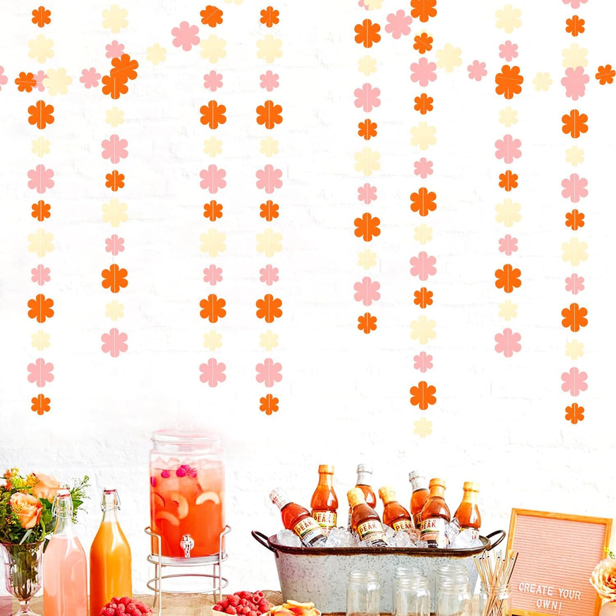 Orange-Pink Fall Party-Decorations Streamers-Garland - 52ft Boho Flower Hanging Paper Banner, Groovy Birthday Baby Bridal Shower Bachelorette Wedding Engagement Thanksgiving Day HalloweenDecor Hugfond