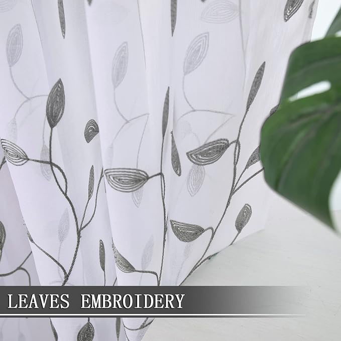Tollpiz Leaves Sheer Curtain Grey Leaf Embroidery Bedroom Curtains Rod Pocket - Image 3