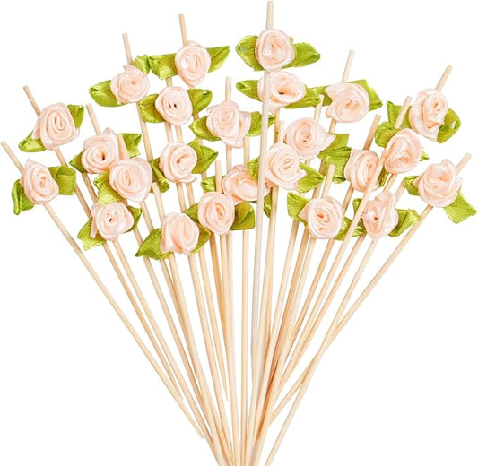 100PCS 4.7" Flower Cocktail Picks, Ribbon Rose Toothpicks Appetizer Skewers | by Barfroee