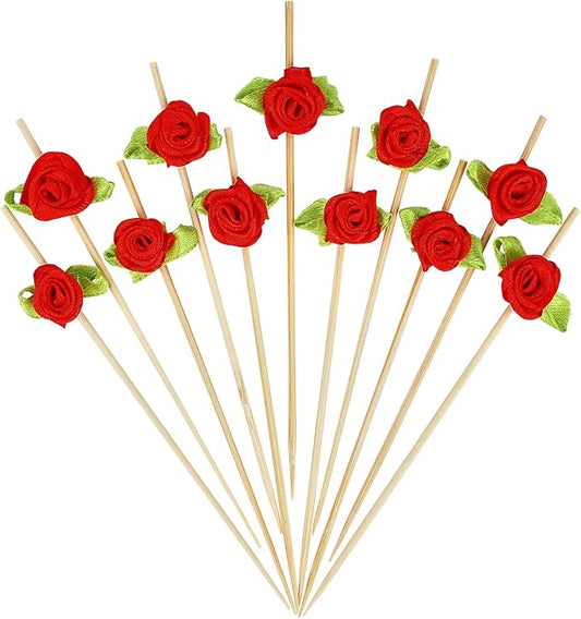 Minisland Red Rose Flower Cocktail Picks, 4.7 Inch Long Bamboo Fancy Toothpicks by Minisland