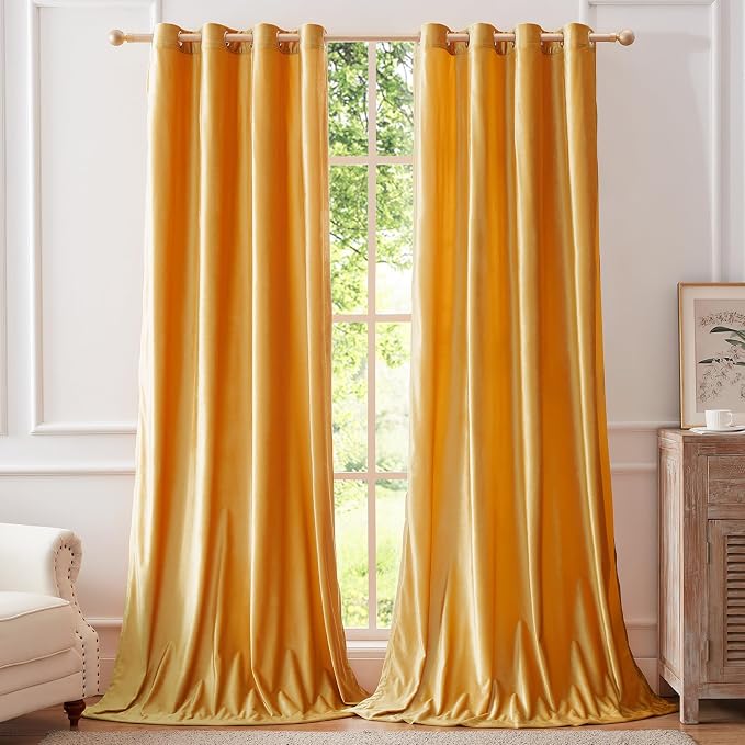 Velvet Mustard Yellow Blackout Curtains 120 inch Long by ModernShinyVelvetCurtains