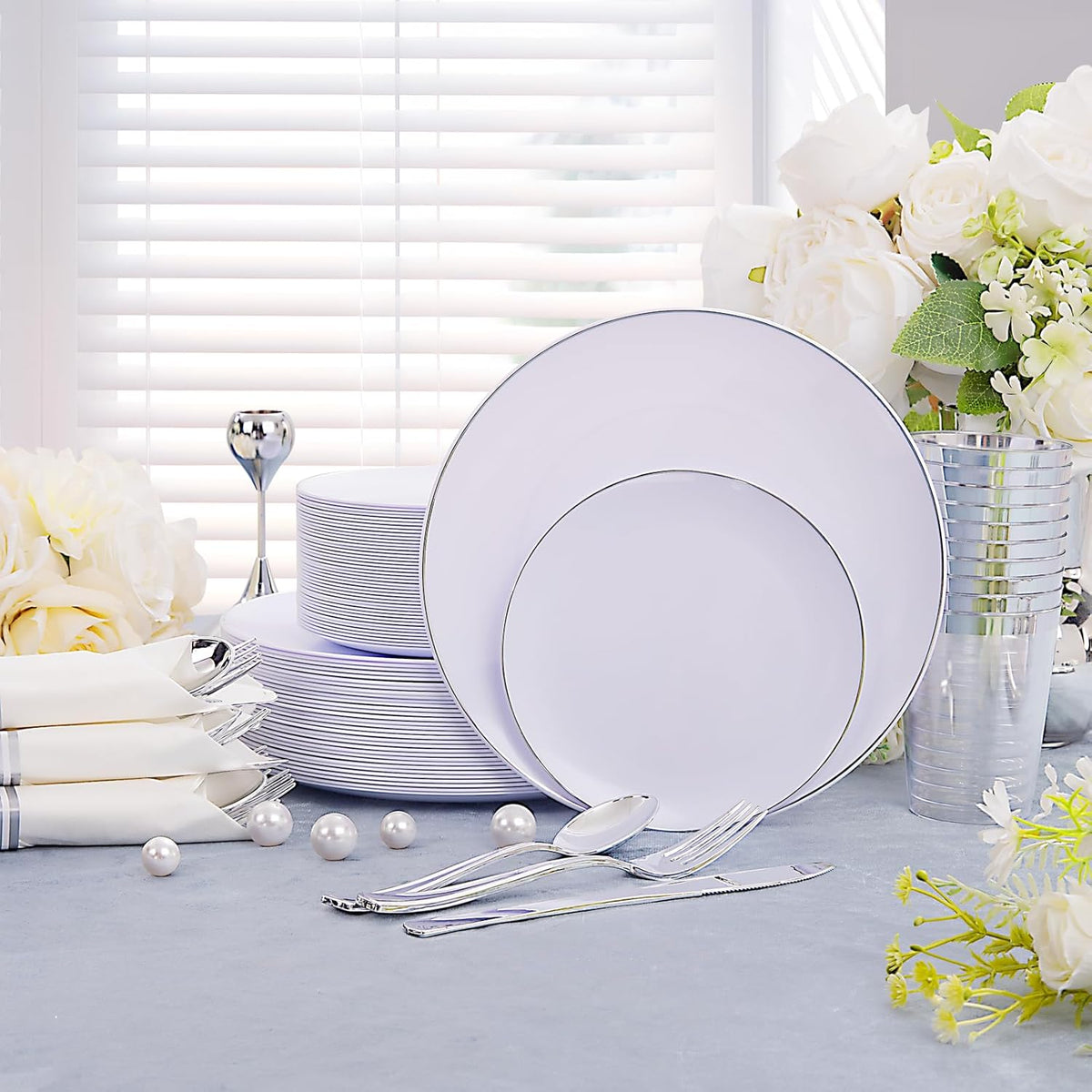 KIRE 350 PCS Plastic Dinnerware Set for 50 Guests, Silver Plastic Plates Include 50 Dinner, 50 Dessert Plates, 50 Pre Rolled Napkins with Silverware, 50 Cups for Wedding, Party, Banqet, Gathering