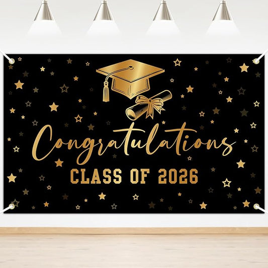 Class of 2026 Graduation Backdrop Black Gold Congrats Grad Banner by Lecheme