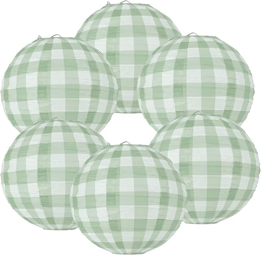 6 Pieces Sage Green Gingham Paper Lanterns Decorations by LTplazhi
