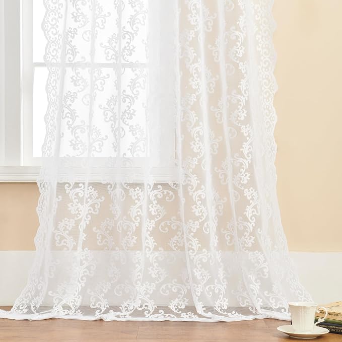 White Lace Curtains 108 Inches Long 2 Panels Paisley Floral Curtains - Image 5