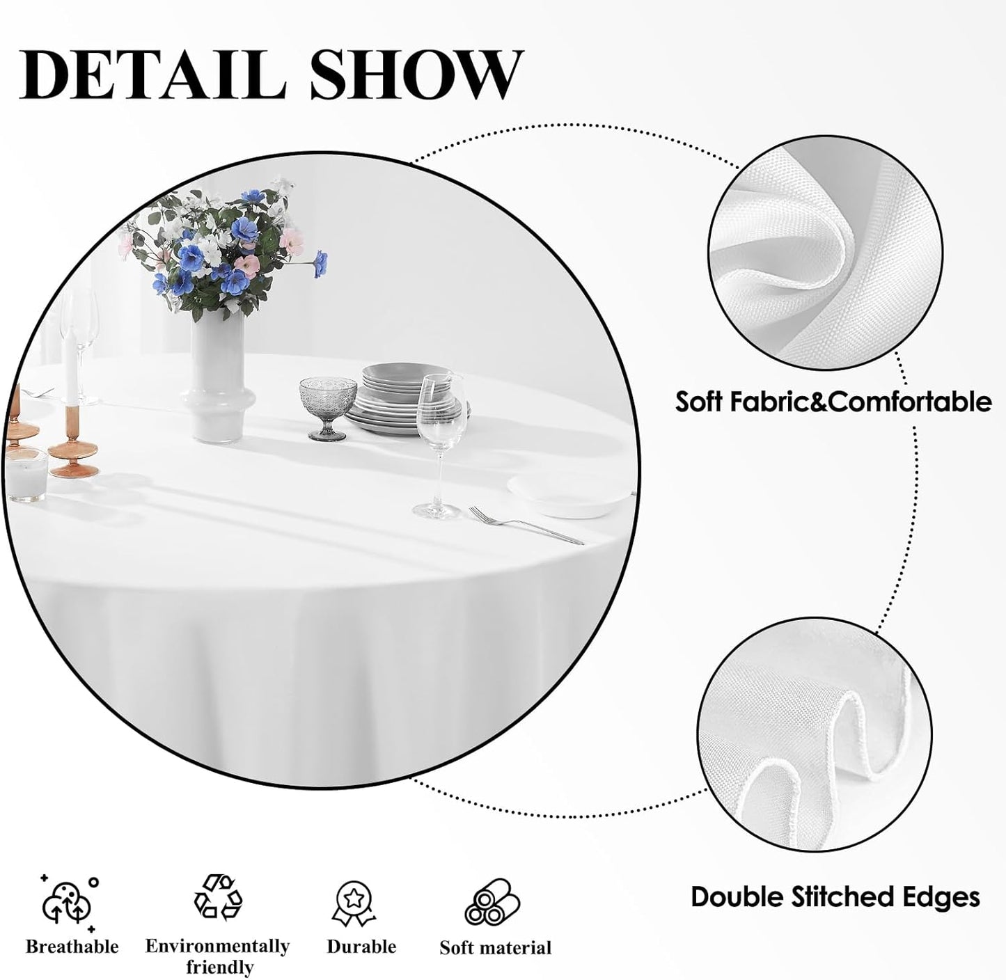 Round Tablecloth 120 Inch 1Pack White Tablecloths Washable Decorative Linen Polyester Table Clothes Cover for Dining Table Banquets Buffet Parties and Wedding