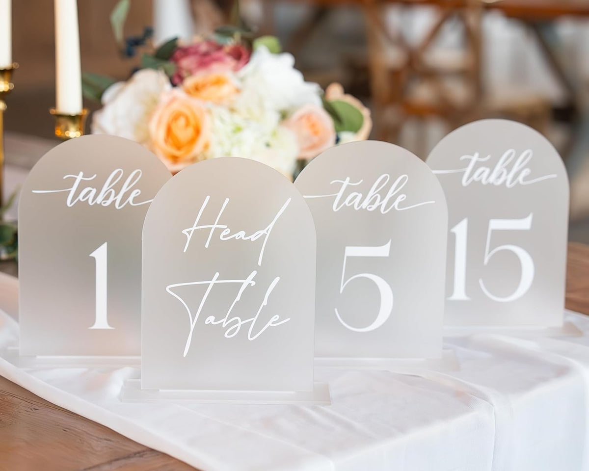 Frosted Arch Acrylic Table Numbers for Wedding Reception -20 Pack 5" x 7" White Font Table Number Centerpiece Set with Holder Stands & Head Table Sign - Anniversary, Event, Party, Wedding Table Numbers 1-20