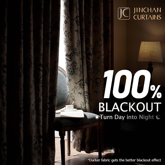 jinchan Black Floral Linen Blackout Curtains 72 Inch Back Tab 2 Panels | - Image 2
