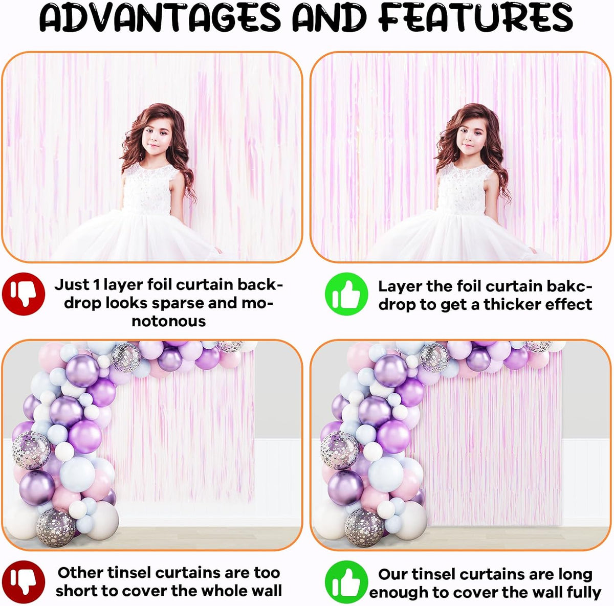 2 Pack Iridescent Tinsel Foil Fringe Curtains, Iridescent Party Decorations, Metallic Tinsel Party Streamers Backdrop for Mermaid Birthday Baby Shower Slumber Wedding Party Decorations
