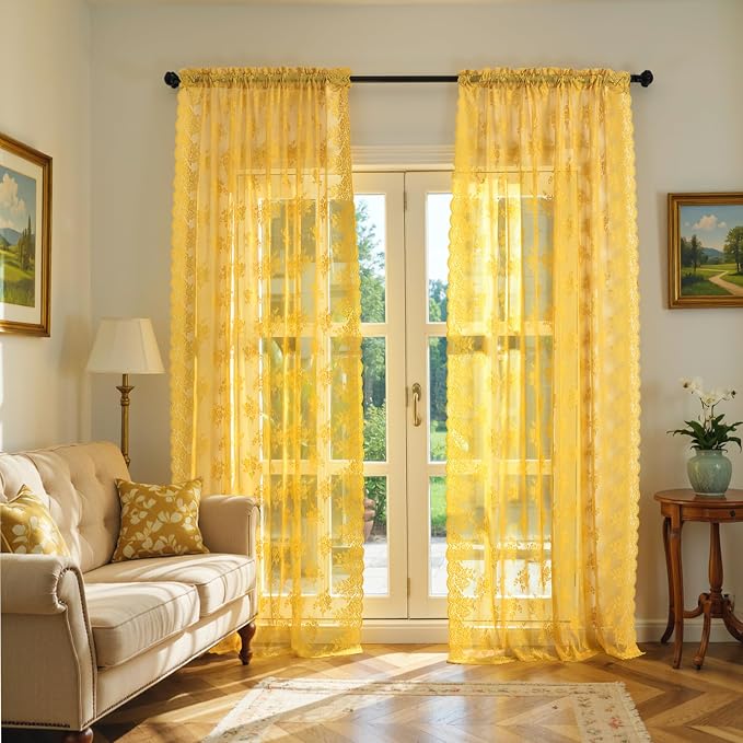 Kotile Mustard Yellow Sheer Lace Curtains - Image 6