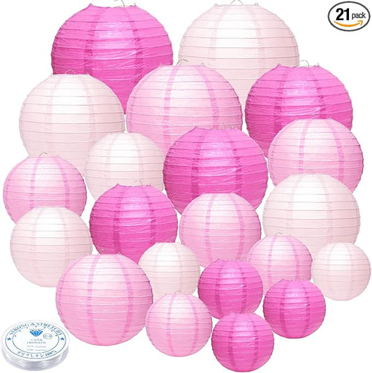 21Pcs Pink Paper Lanterns, 4-10in Hanging Decor, Valentine's Day Party | Pink by GCVOPTON
