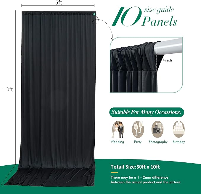 50 ft x 10 ft Wrinkle Free Black Backdrop Curtain - Image 5