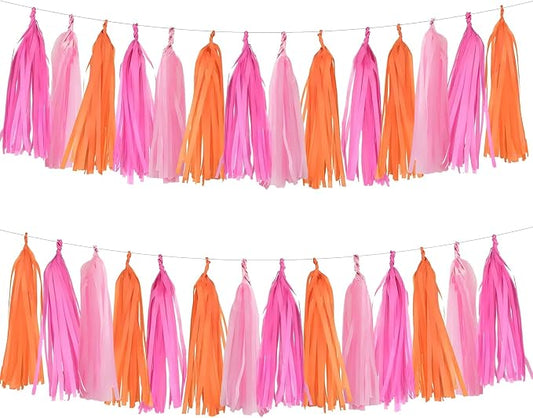 Hot Pink and Orange Pink Tissue Paper Fringe Garland by Unknown