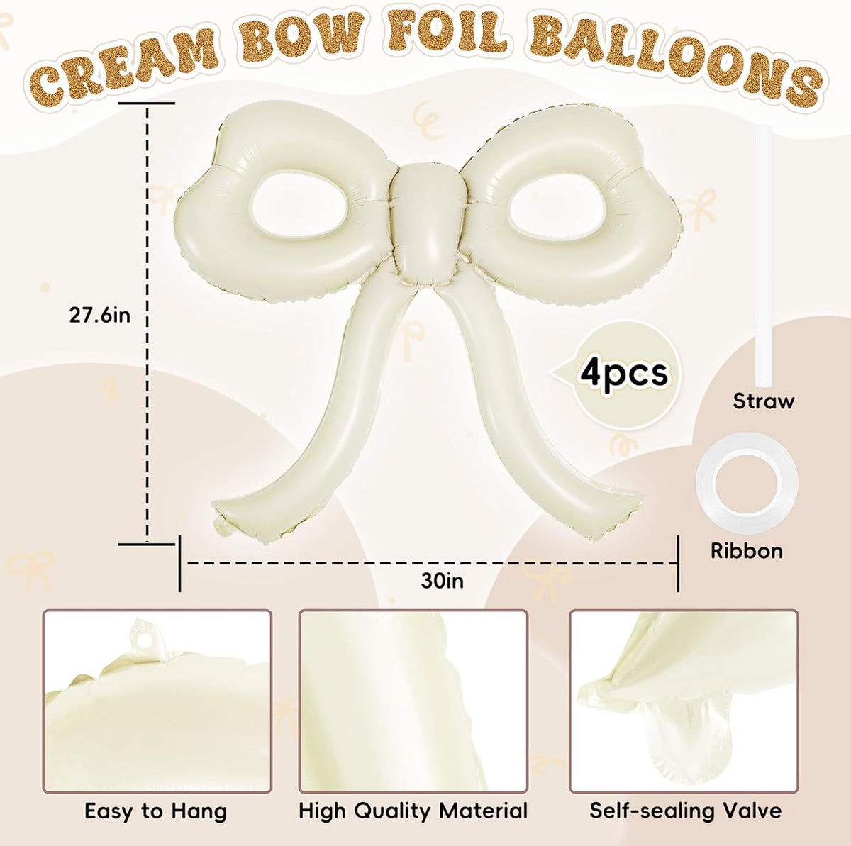 4 Pcs Bow Birthday Decorations Cream Bow Balloons for Girl Women Bow Themed Party Decorations Giant Foil Beige Balloons for Birthday Baby Shower Gender Reveal Wedding Decor Party Supplies