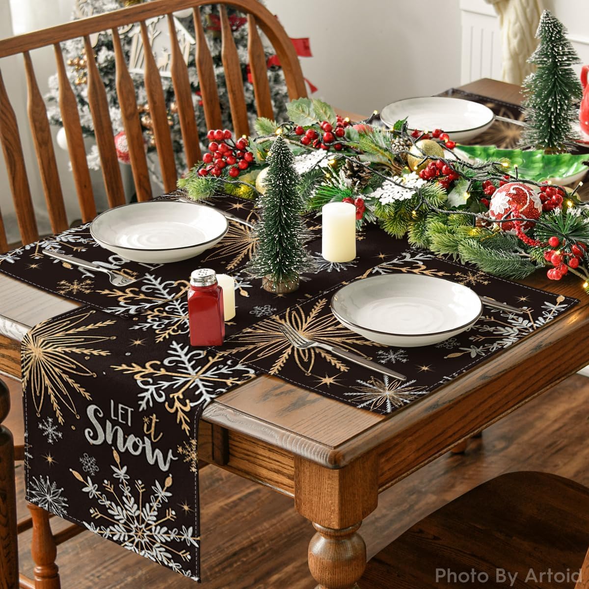 Artoid Mode Black Snowflake Let It Snow Winter Placemats Set of 4, 12x18 Inch Seasonal Christmas Table Mats for Party Kitchen Dining Decoration
