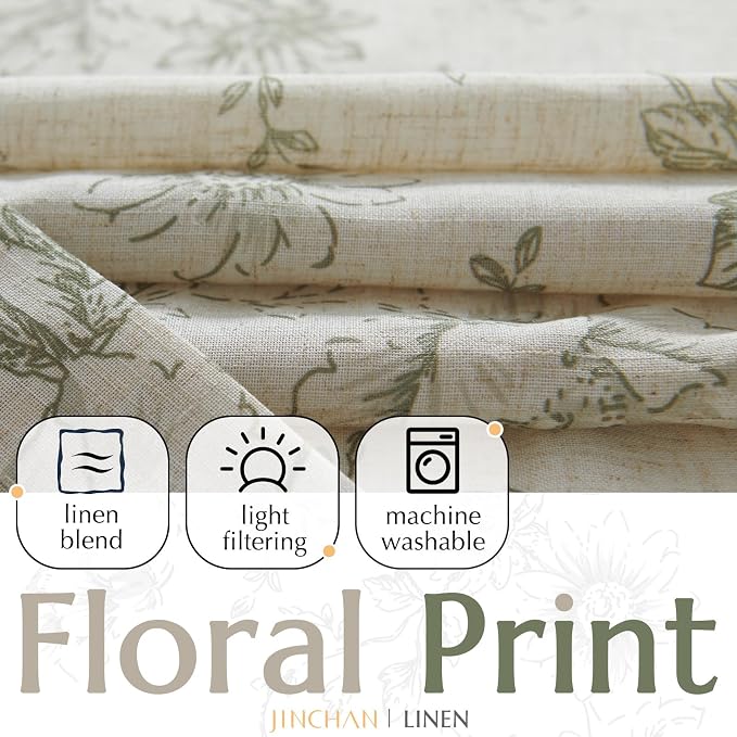 jinchan Floral Linen Curtains Lined 108 Inch Farmhouse Back Tab 2 Panels | - Image 2